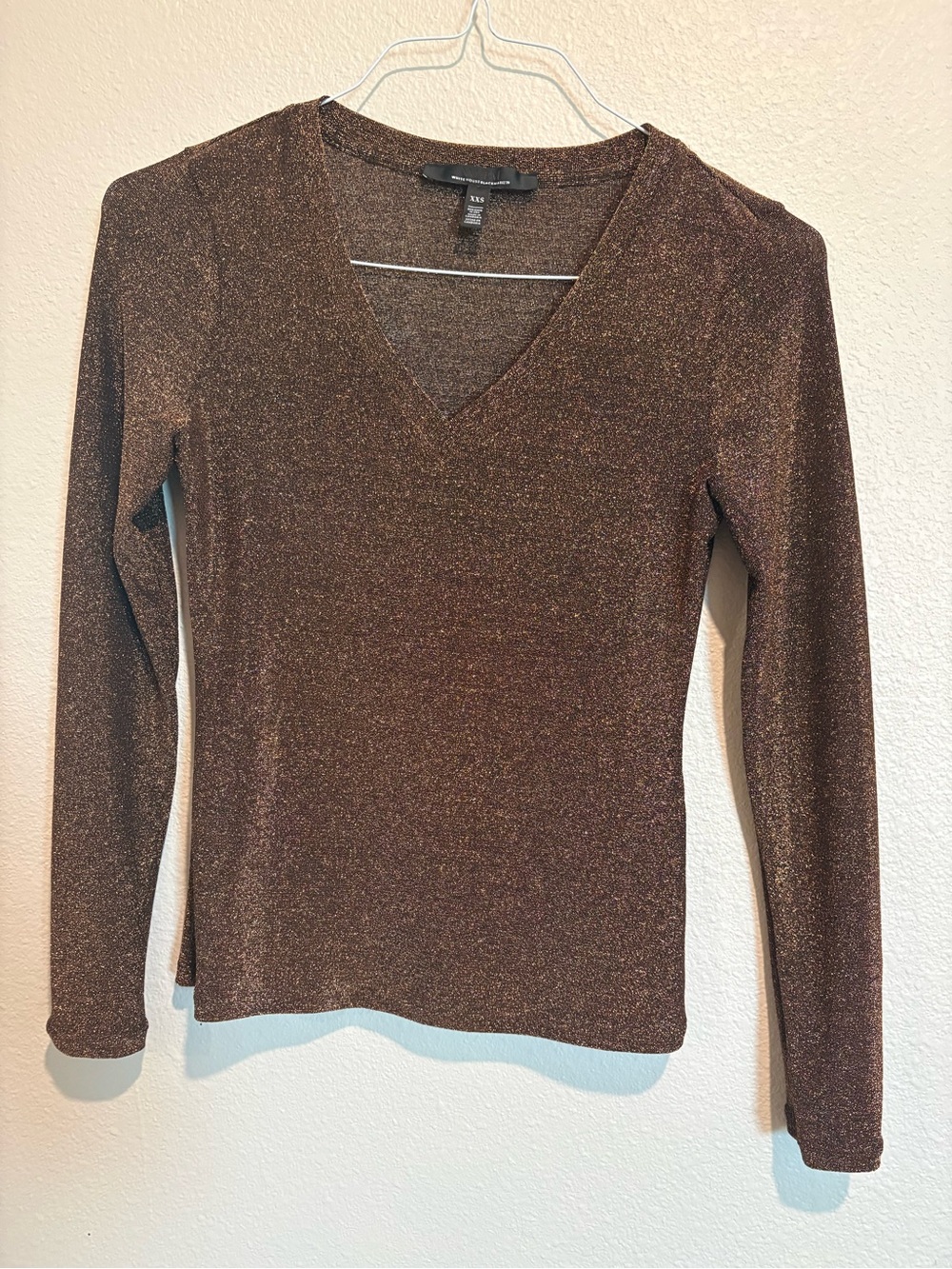 White House Black Market Metallic Brown V-Neck Long Sleeve Top